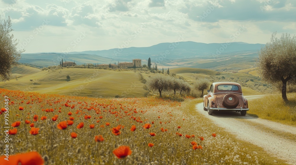 Obraz premium A vintage car drives down a road in a field of red flowers. The scene is peaceful and serene, with the car being the only object in the foreground
