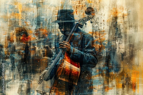 Photo collage / composition dedicated to Jazz
street serenade with double bass in vibrant hues photo