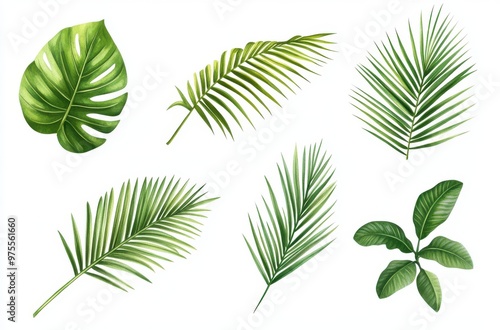 A collection of green leaves, including palm leaves, ferns, and other tropical foliage. The leaves are all different shapes and sizes, but they all share a common color and texture