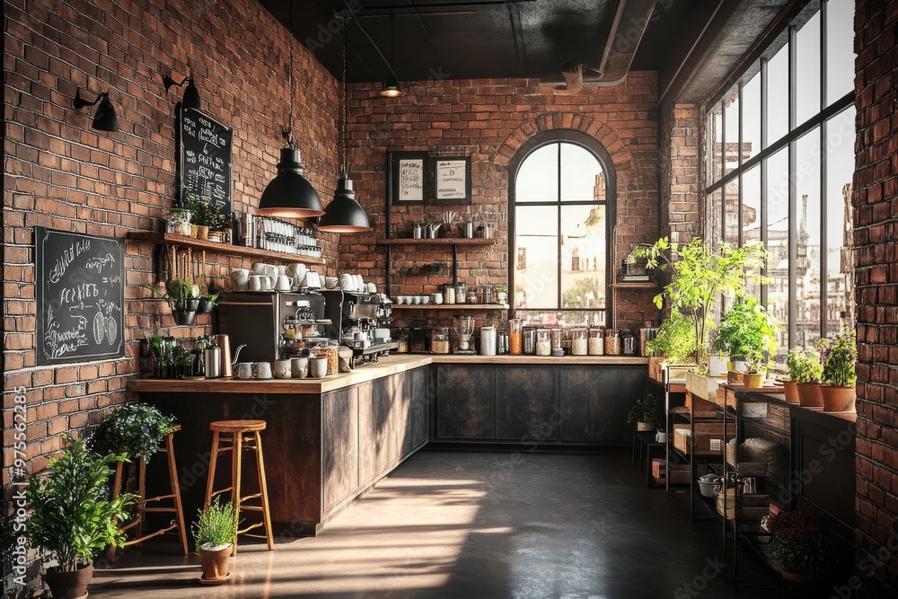 Fototapeta premium realistic interior of coffee shop, style loft, dark tone, 3D perspective, cubic style, --chaos 50 --ar 3:2 --v 6.1 Job ID: 513dc1b9-ecb1-40e1-8b14-2825cf28f51e