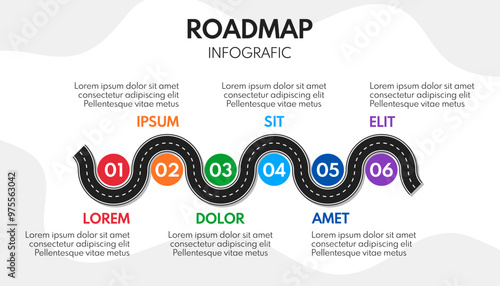 6 steps process progress or timeline, road infografic vector template