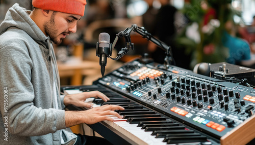 Musician playing keyboard and singing into microphone during live performance photo