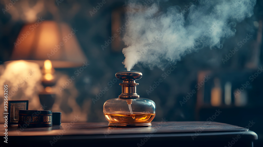 Old-fashioned perfume atomizer with a fine mist dispersing into the air, surrounded by classic décor Old-fashioned perfume atomizer with a fine mist dispersing into the air, surrounded by classic décor