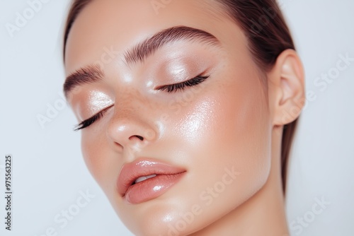 woman wearing soft baddie makeup, with perfectly blended eyeshadow in warm neutral tones, full lashes, and a light pink lip gloss photo