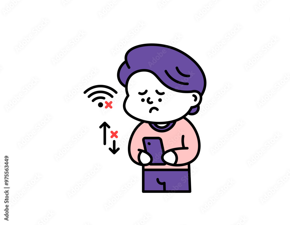 illustration of a sad man because he can't access the internet. wifi network or internet network can't be used. internet error. technology problems. cute character design. elements illustration of a sad man because he can't access the internet. wifi network or internet network can't be used. internet error. technology problems. cute character design. elements