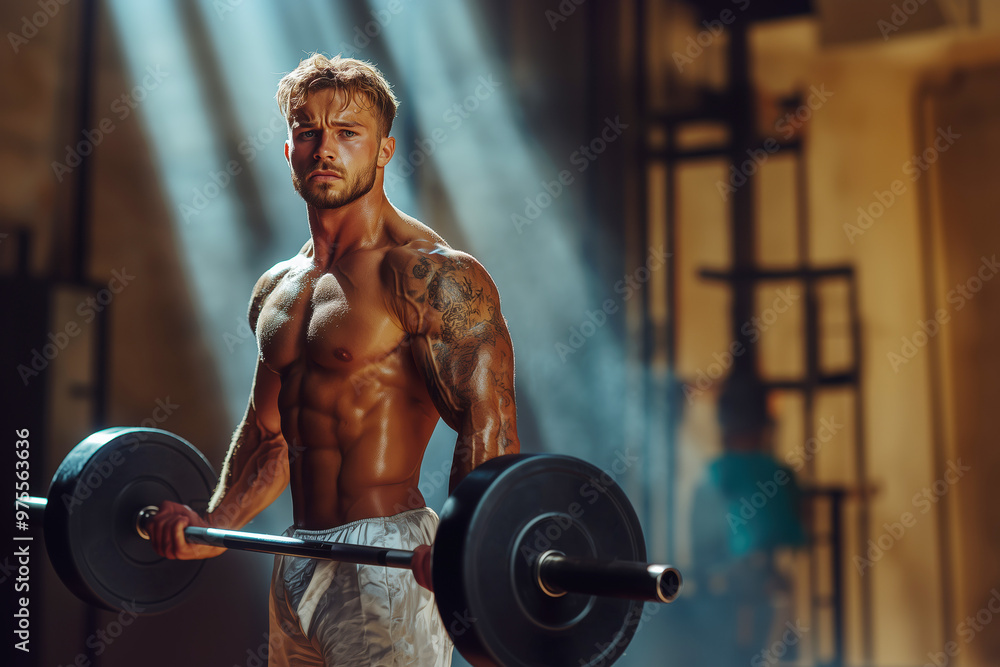 Focused male athlete showcasing strength and determination while weightlifting in a dramatic gym environment highlighting his muscular physique and motivation. Focused male athlete showcasing strength and determination while weightlifting in a dramatic gym environment highlighting his muscular physique and motivation.