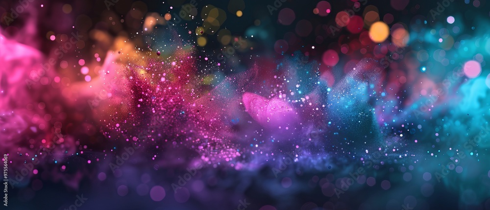 Obraz premium Close-Up of Neon Paint Droplets Transforming into Colorful Dust or Smoke Effect Against a Dark Background