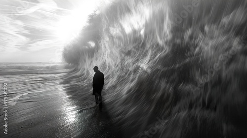 Man Standing Before a Powerful Wave - Black and White Seascape Photography photo