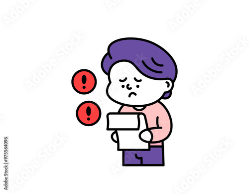 illustration of a sad man because he got a warning letter. get a letter of reprimand from the boss. problems, violations and complaints. cute character design. elements