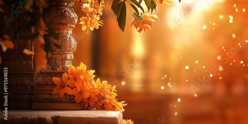 Orange flower garland on dark column with blurred bokeh lights background. Indian Diwali and festive celebration concept. Image for banner, invitation and greeting card with copy space.