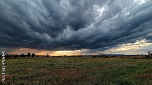 Fototapeta Naklejka Na Ścianę i Meble -  Wide landscape featuring a dramatic sky filled with dark clouds, hinting at an approaching storm over a grassy field at dusk.