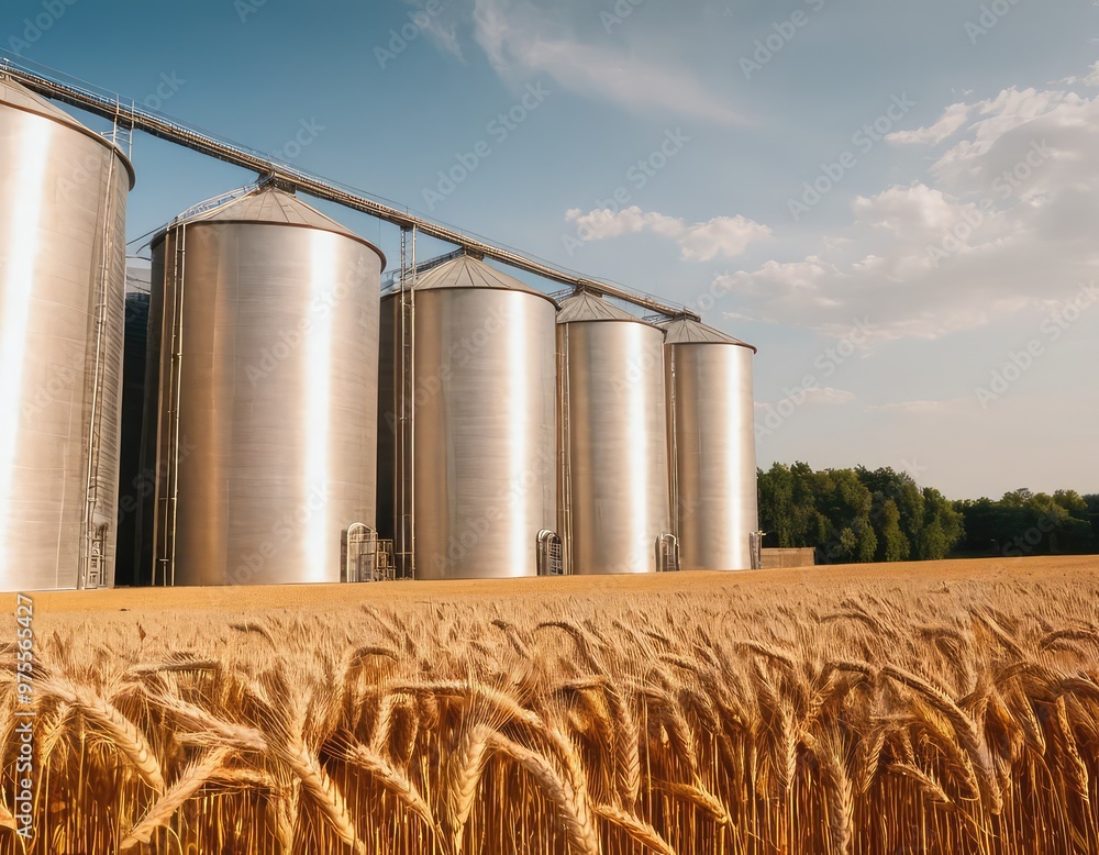 A large field of golden wheat with several silos in the background A large field of golden wheat with several silos in the background