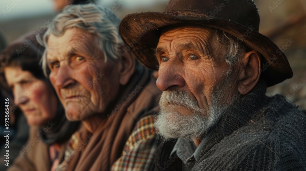 A group of older men are sitting in a row, all wearing various hats A group of older men are sitting in a row, all wearing various hats