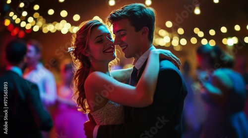 A young couple slow dances at a prom, looking lovingly into each other's eyes, surrounded by other dancing couples and string lights.