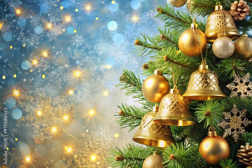A beautifully decorated Christmas tree adorned with shiny golden bells, ornate ornaments, and twinkling lights, set A beautifully decorated Christmas tree adorned with shiny golden bells, ornate ornaments, and twinkling lights, set