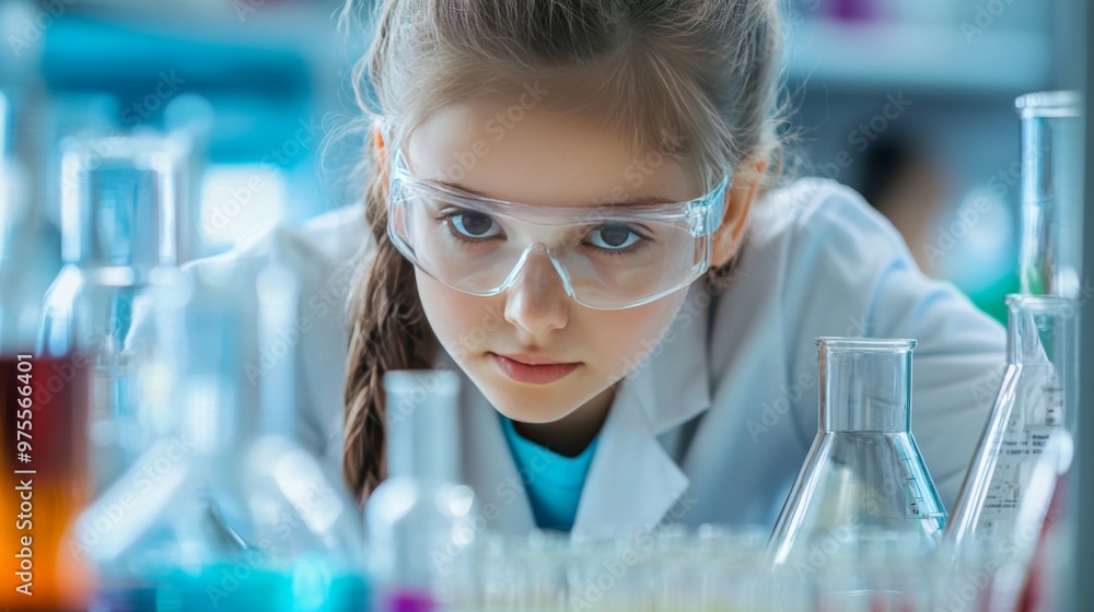 A young girl in a lab coat and safety goggles looks intently at beakers filled with colorful liquids during a science experiment. A young girl in a lab coat and safety goggles looks intently at beakers filled with colorful liquids during a science experiment.