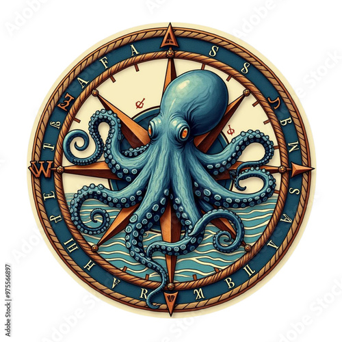 A round sticker a octopus posing, floral vines and tropical leaves on Isolated transparent background png. generated with AI