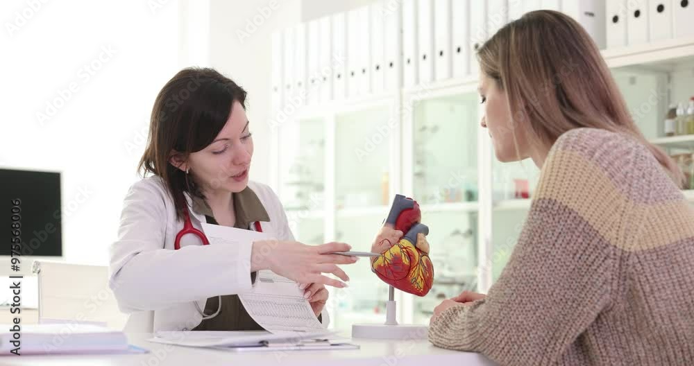 Lady cardiologist explains tests results to female patient using realistic model in clinic. Doctor consults woman about heart disease in hospital Lady cardiologist explains tests results to female patient using realistic model in clinic. Doctor consults woman about heart disease in hospital