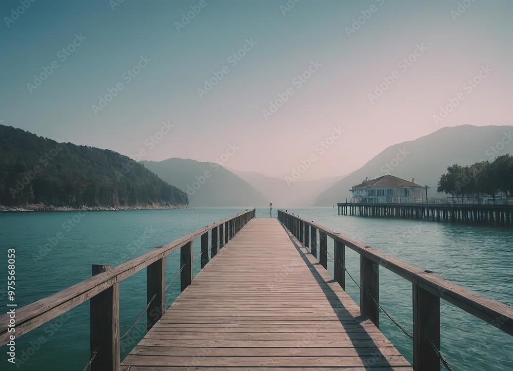 Wooden pier into a lake with mountains in the background Wooden pier into a lake with mountains in the background