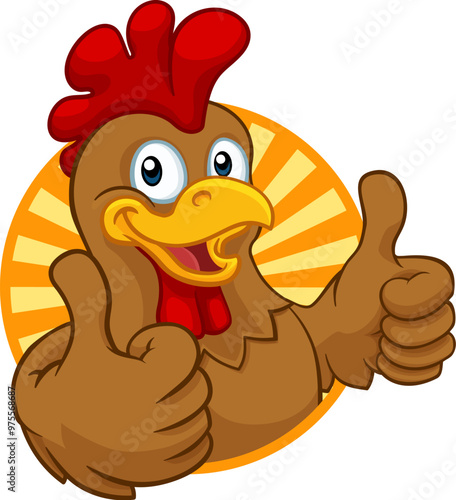 A chicken cartoon rooster cockerel character mascot giving a thumbs up.