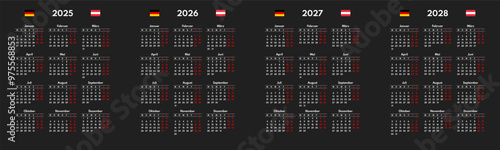 simple 2025 2026 2027 2028 german calendar grid, monday first, two weekends, black background