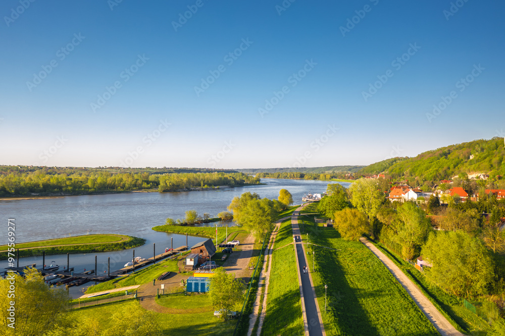Aerial view of Wisla quay (Bulwar Nadwiślański) in Kazimierz Dolny, Lesser Poland (Małopolska). Evening view at sunset.