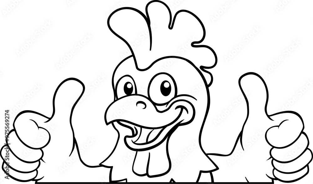 A chicken cartoon rooster cockerel bird mascot peeking over a sign with copyspace A chicken cartoon rooster cockerel bird mascot peeking over a sign with copyspace