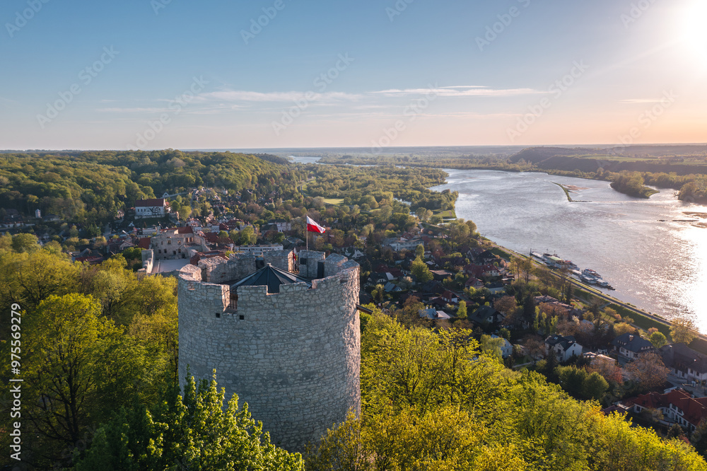 Summer skyline cityscape of Kazimierz Dolny, Lesser Poland (Małopolska). Wide panoramic view from Castle Tower (Baszta zamkowa).