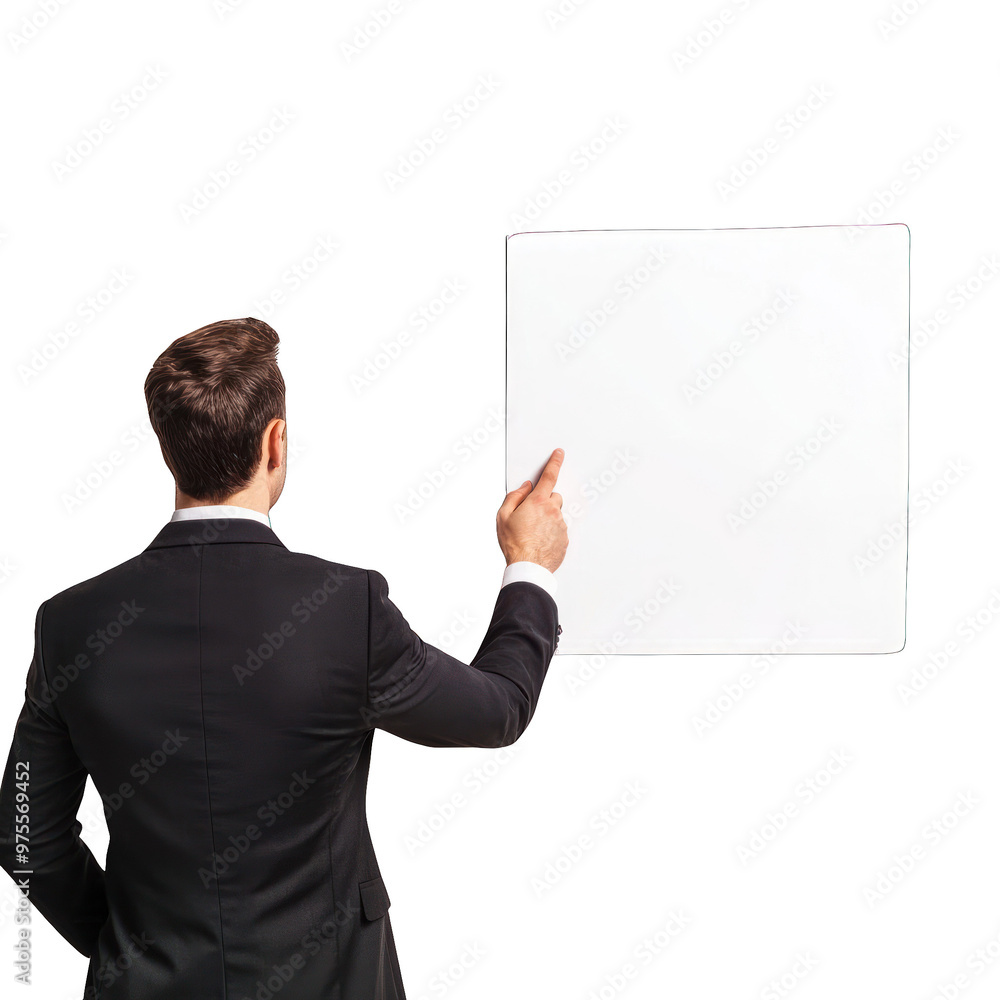 Businessman pointing at a blank white board, ideal for presentations and creative ideas. transparent background Businessman pointing at a blank white board, ideal for presentations and creative ideas. transparent background