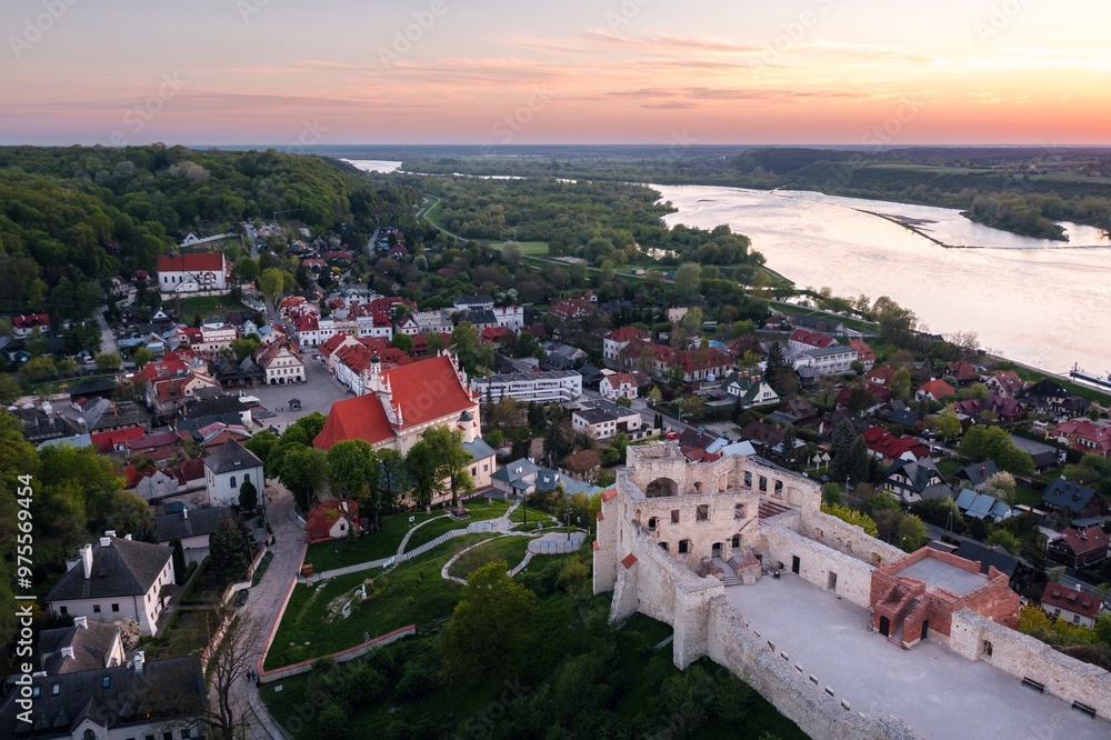 Summer aerial skyline cityscape of Kazimierz Dolny, Lesser Poland (Małopolska). Wide panoramic view from castle at sunset