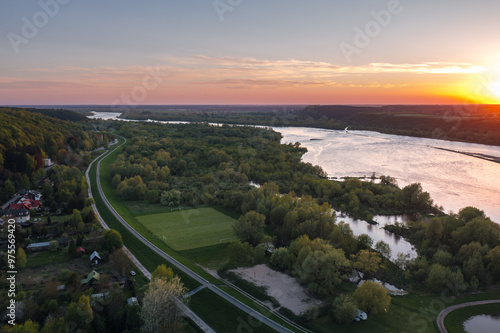 Summer skyline landscape of Kazimierz Dolny, Lesser Poland (Małopolska). Scenic aerial view at sunset