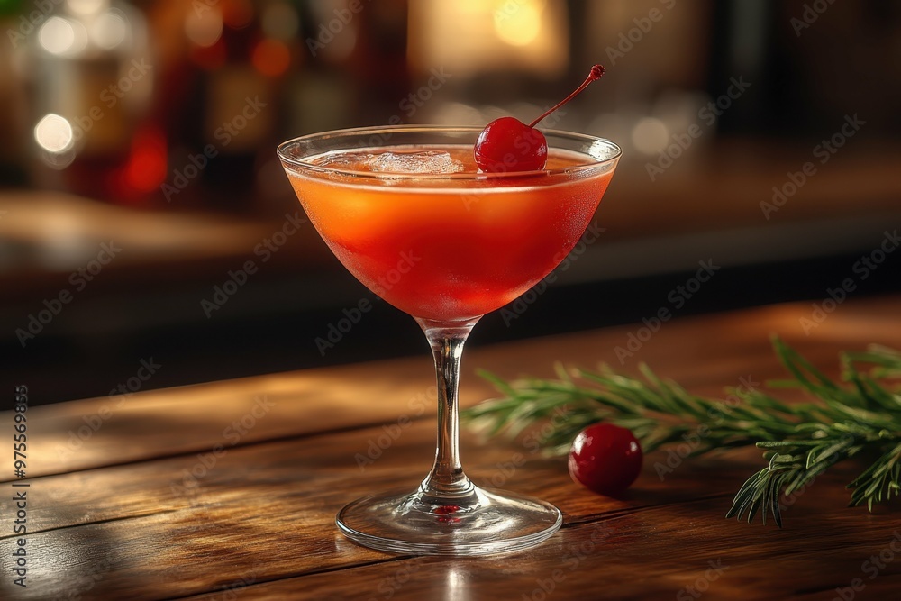 Cocktail Boulevardier deep red colored placed on the right side of the table with a cherry on the table. Blurred bar with sunlight in the background. Cocktail Boulevardier deep red colored placed on the right side of the table with a cherry on the table. Blurred bar with sunlight in the background.