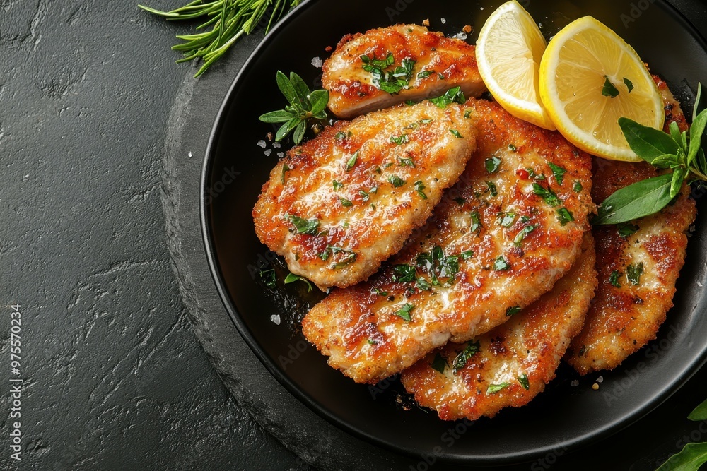 Juicy pork schnitzel served with lemon wedges, placed on the right side of a dark stone table, professional overhead shot. Juicy pork schnitzel served with lemon wedges, placed on the right side of a dark stone table, professional overhead shot.