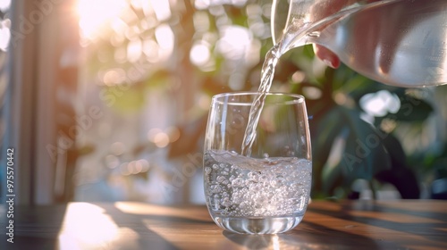 Refreshing water poured into a glass with sunlight shining through. Enjoy the clarity of fresh drinking water in a cozy setting. photo