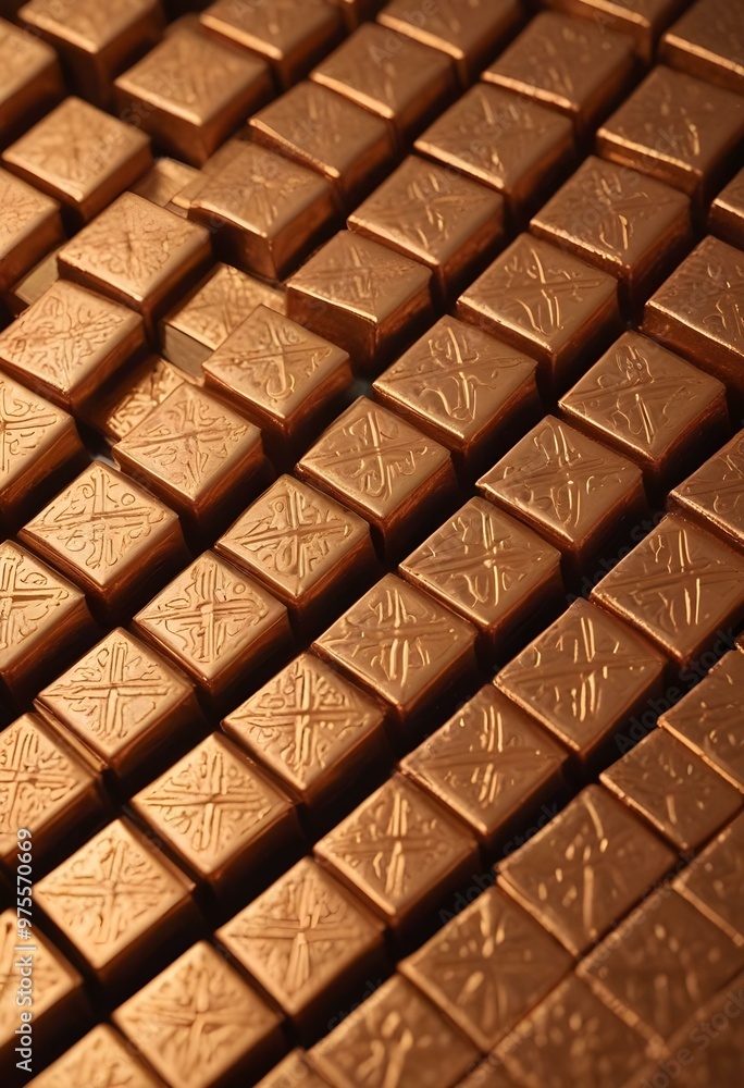 A macro shot of a squared pattern copper texture, revealing the metallic sheen and rich, warm tones of copper, with visible scratches and dimples that add character., close-up shot, short distance, pa A macro shot of a squared pattern copper texture, revealing the metallic sheen and rich, warm tones of copper, with visible scratches and dimples that add character., close-up shot, short distance, pa