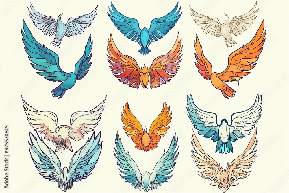 Fototapeta premium Wings flat icon, angel wings emblem, bird feathers doodle sketched, pigeon sign, spirituality symbol