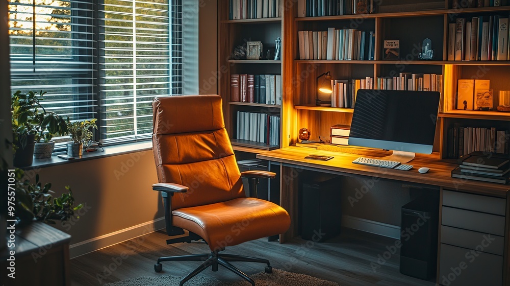 A cozy home office featuring a leather chair, desk, computer, and bookshelves with warm lighting. A cozy home office featuring a leather chair, desk, computer, and bookshelves with warm lighting.