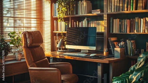 A cozy home office with a desk, computer, and bookshelves, illuminated by warm sunlight.