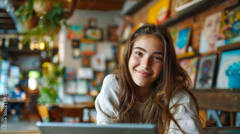 Young artist smiling confidently in an art studio filled with colorful paintings and creative tools Young artist smiling confidently in an art studio filled with colorful paintings and creative tools