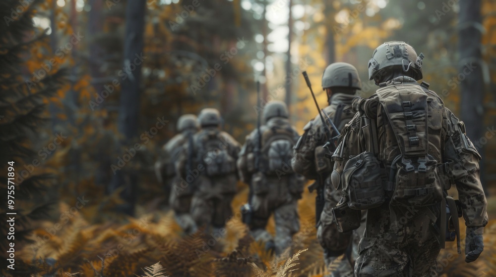 A group consisting of soldiers is walking through a dense forest A group consisting of soldiers is walking through a dense forest