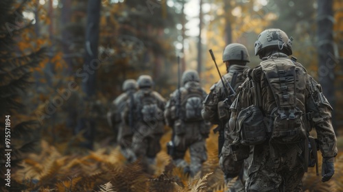 A group consisting of soldiers is walking through a dense forest