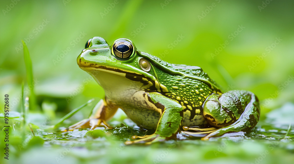 Closeup of a cute green frog sitting on a water lily or lotus leaf in a serene pond, beautiful wildlife and aquatic flora, beauty in the marsh environment, an adorable amphibian in its habitat, swamp Closeup of a cute green frog sitting on a water lily or lotus leaf in a serene pond, beautiful wildlife and aquatic flora, beauty in the marsh environment, an adorable amphibian in its habitat, swamp