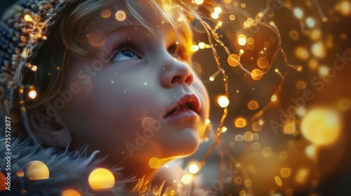 A young girl is looking up at a lighted tree