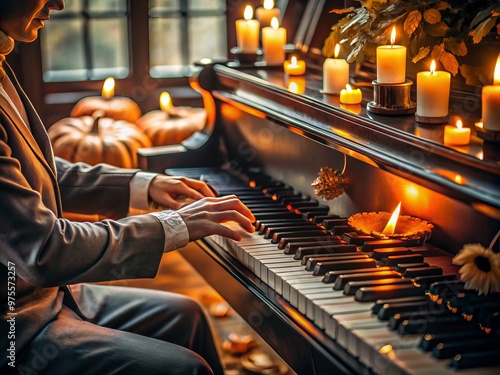 A close-up of a pianist's hands playing a hauntingly beautiful Halloween melody on a grand piano, surrounded by photo