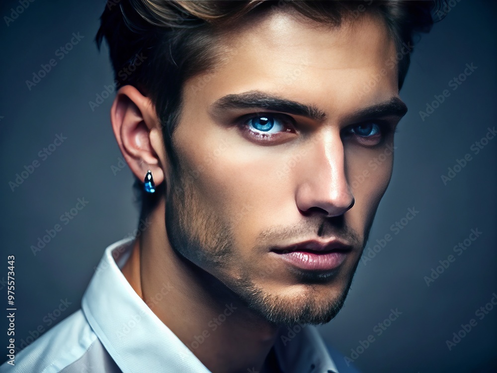 A close-up profile portrait of a handsome young man with piercing blue eyes and chiseled facial features, exuding A close-up profile portrait of a handsome young man with piercing blue eyes and chiseled facial features, exuding