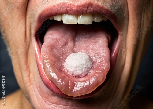 A close-up shot of a tongue with a large, irregularly shaped white patch, indicating a potentially cancerous lesion,