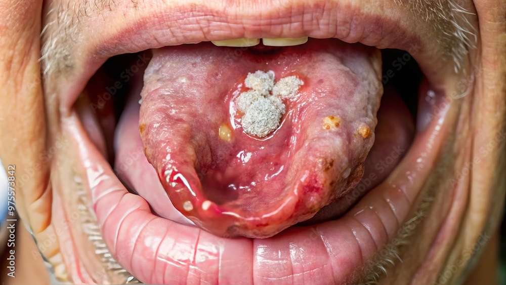 Obraz premium A close-up view of an ulcerated and discolored tongue with white patches and red lesions, indicative of tongue