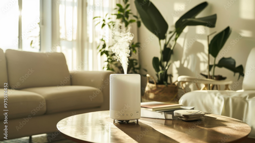A modern aromatherapy diffuser releasing fragrant steam in a cozy living room setting during the daytime A modern aromatherapy diffuser releasing fragrant steam in a cozy living room setting during the daytime