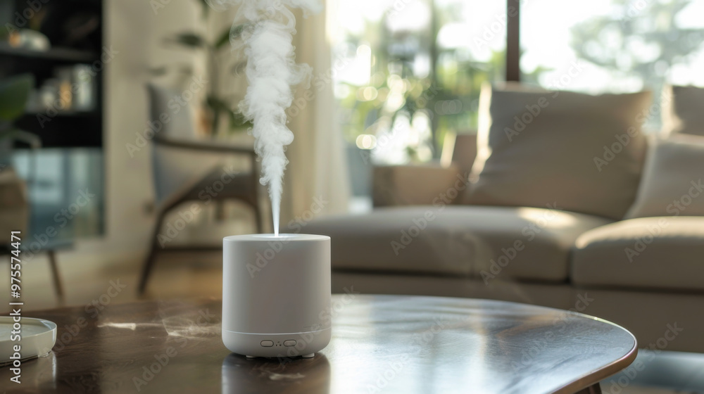 A modern aromatherapy diffuser releasing fragrant steam in a cozy living room setting during the daytime A modern aromatherapy diffuser releasing fragrant steam in a cozy living room setting during the daytime