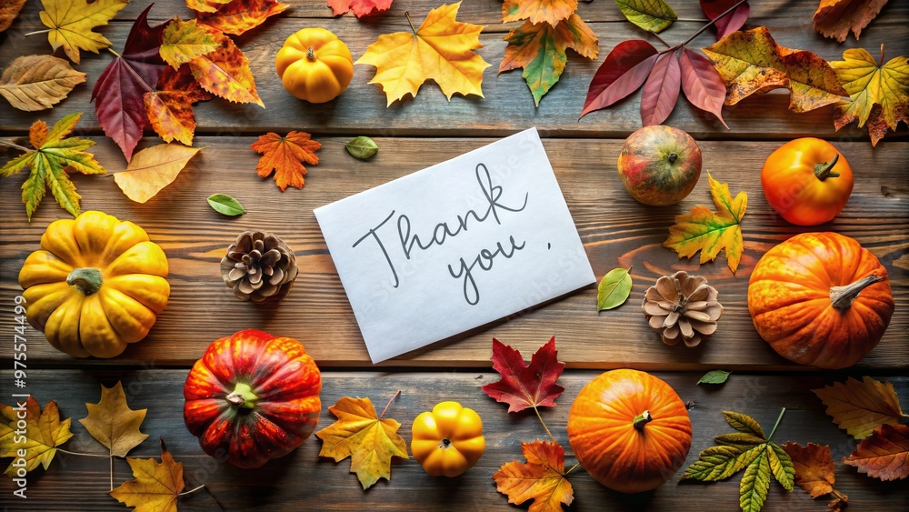 A colorful, handwritten thank you note rests on a rustic wooden table amidst fall leaves and a few A colorful, handwritten thank you note rests on a rustic wooden table amidst fall leaves and a few